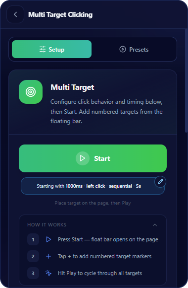 Multi Target Clicking Setup screen